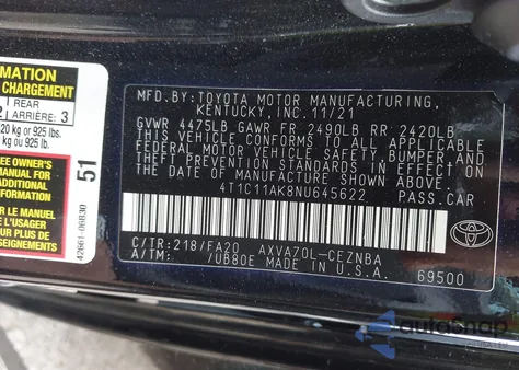 2022 Toyota Camry Le from USA, damaged, VIN 4T1C11AK8NU645622
